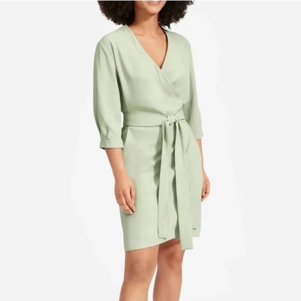 Everlane GoWeave Wrap Dress 0 Sage Green Tie Waist Work Minimalist